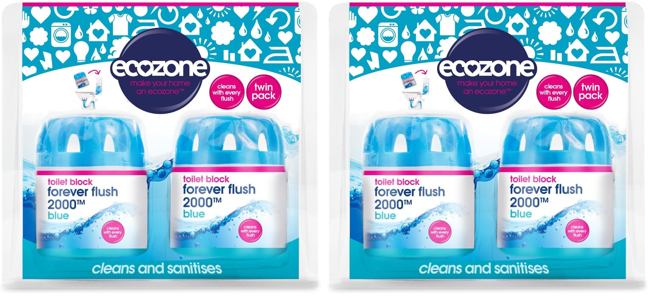 EcoZone Forever Flush 2000 Blue Toilet Blocks, Eco Friendly Alternative to Loo Rim Hangers, Cistern Capsules Clean & Descale WCs, Natural Vegan & Non Toxic Cleaner, Recyclable Plastic (Set of 2)