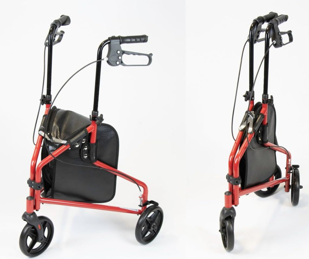 NRS Healthcare 3 Wheel Steel Rollator Walker Walking Aid with Bag, & Lockable Brakes, Folding & Height Adjustable - Red - Very Good
