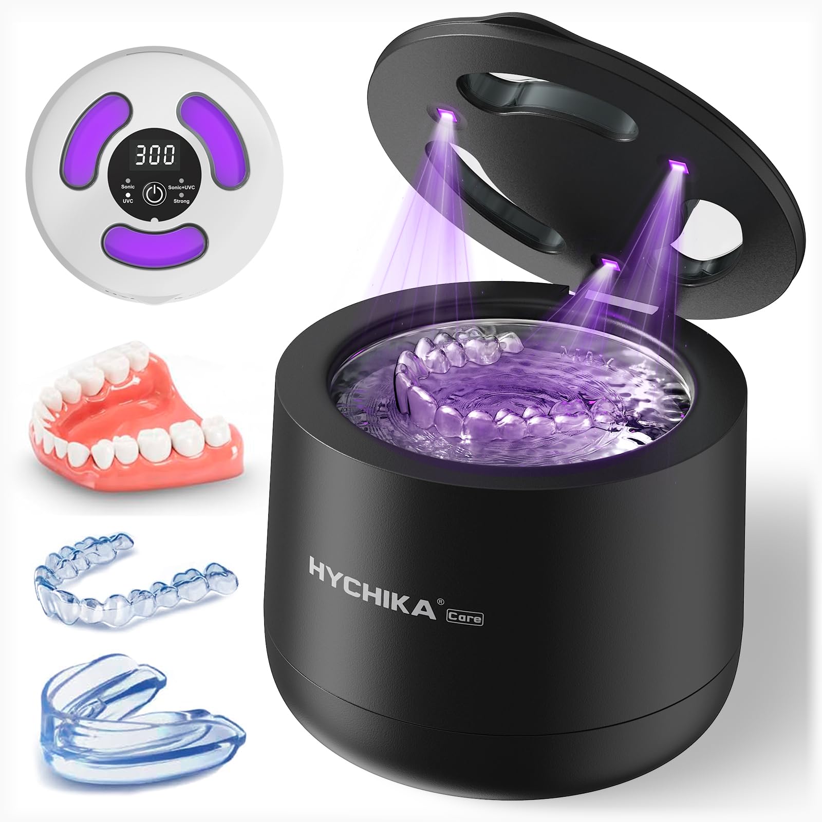 HYCHIKA Ultrasonic Retainer Cleaner Machine,45kHz Sonic Dental Cleaner with Digital Timer,4 Modes,200mL Dental Pod for Dentures,False Teeth,Aligners,Night Guards(White) - Damaged Box