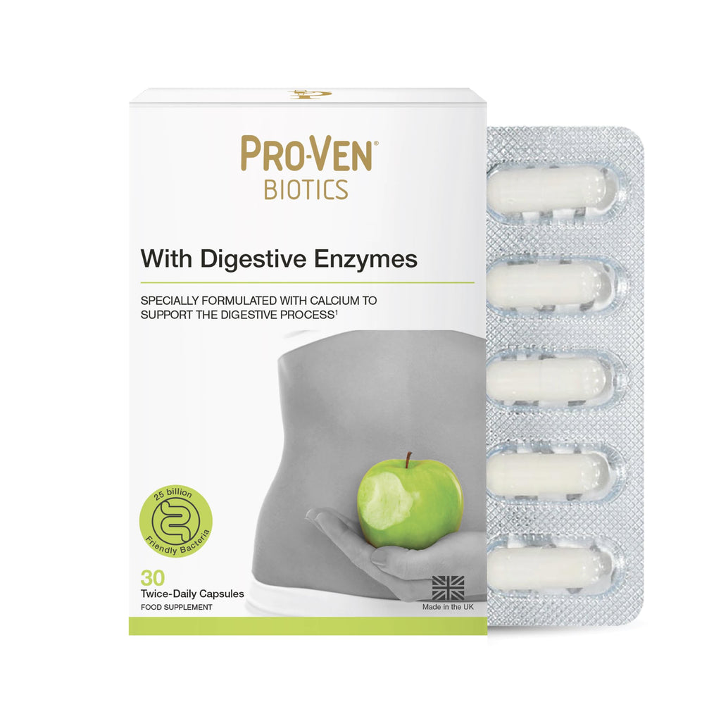 Pro-Ven Probiotics with Digestive Enzymes | Daily Gut Support 25 Billion Lab4 Friendly Bacteria | Calcium Aids Digestion for Adults | 30 Capsules - BBE 12/2027