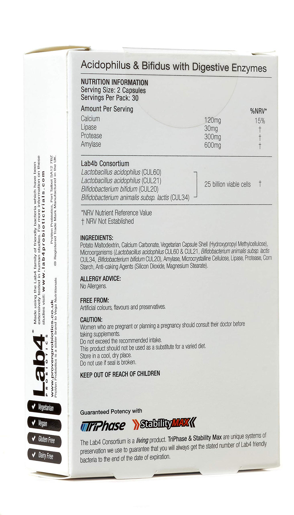Pro-Ven Probiotics with Digestive Enzymes | Daily Gut Support 25 Billion Lab4 Friendly Bacteria | Calcium Aids Digestion for Adults | 30 Capsules - BBE 12/2027