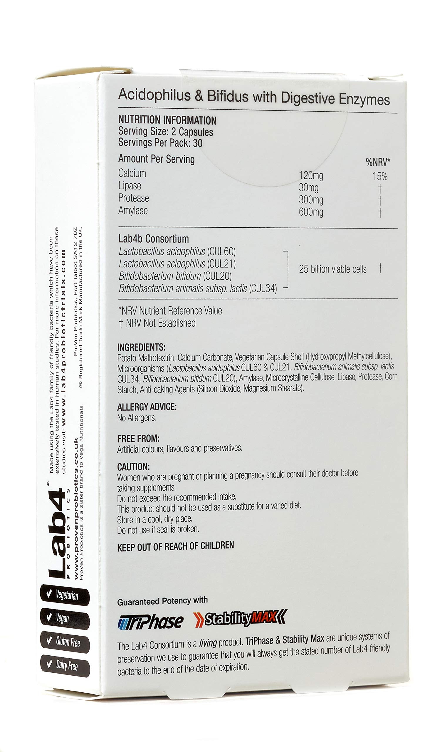 Pro-Ven Probiotics with Digestive Enzymes | Daily Gut Support 25 Billion Lab4 Friendly Bacteria | Calcium Aids Digestion for Adults | 30 Capsules - BBE 12/2027