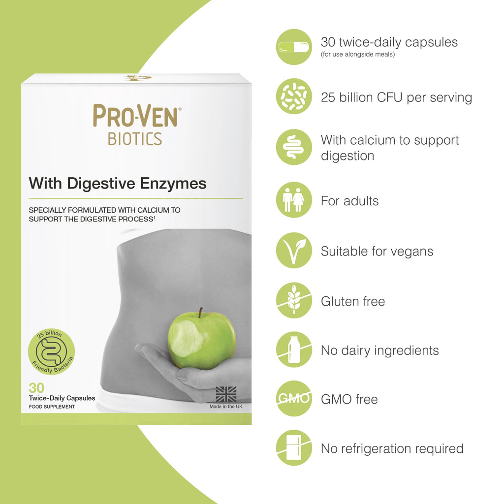 Pro-Ven Probiotics with Digestive Enzymes | Daily Gut Support 25 Billion Lab4 Friendly Bacteria | Calcium Aids Digestion for Adults | 30 Capsules - BBE 12/2027