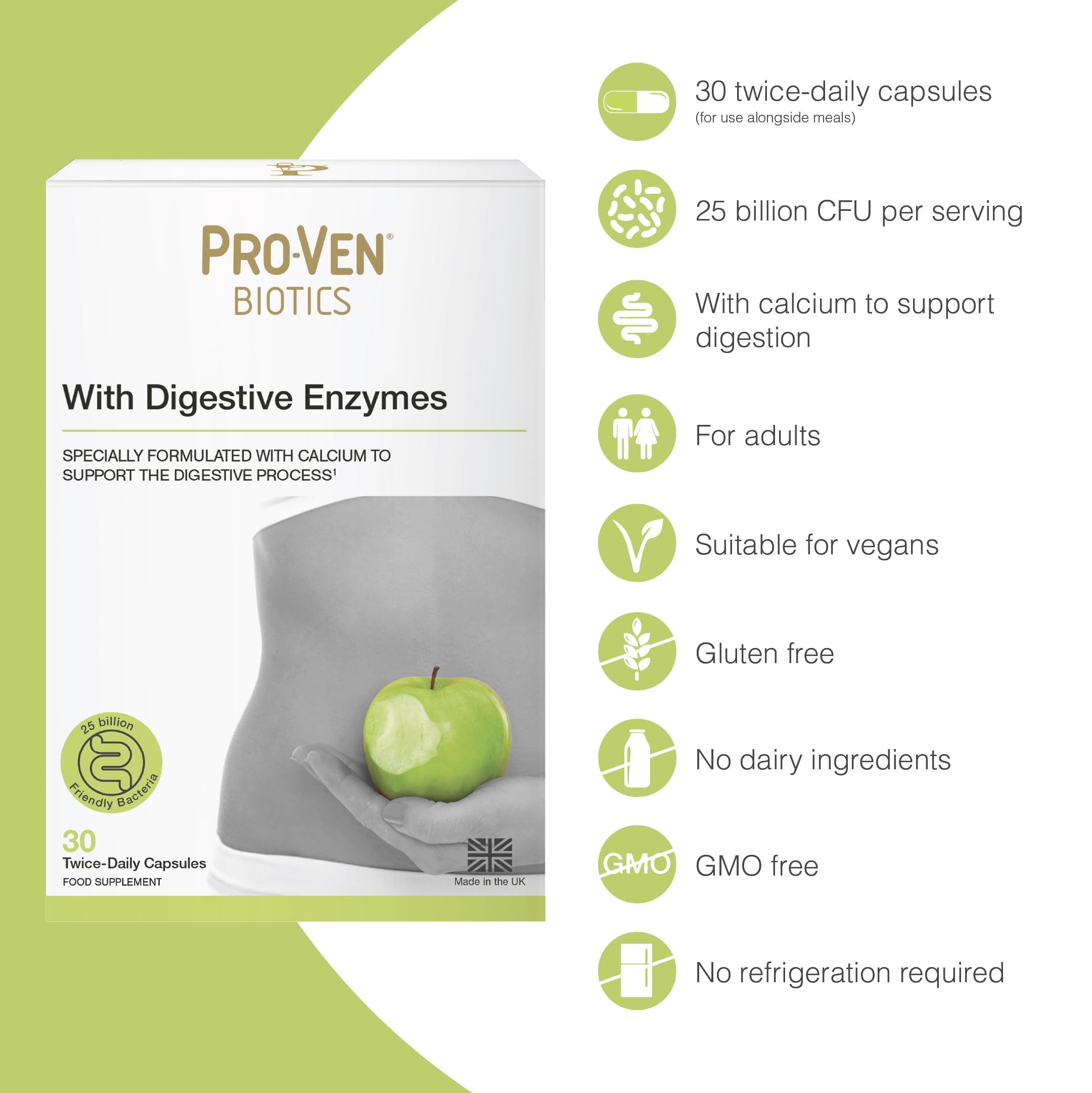 Pro-Ven Probiotics with Digestive Enzymes | Daily Gut Support 25 Billion Lab4 Friendly Bacteria | Calcium Aids Digestion for Adults | 30 Capsules - BBE 12/2027