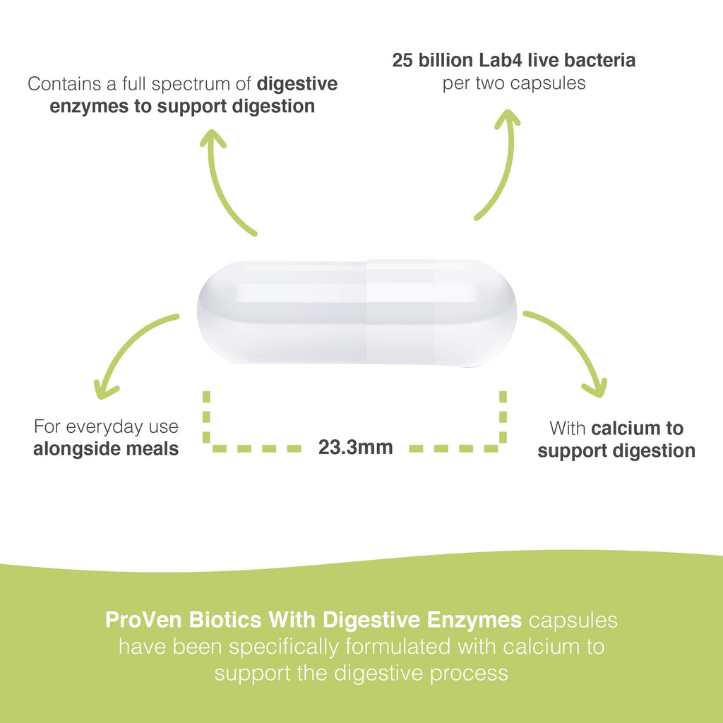 Pro-Ven Probiotics with Digestive Enzymes | Daily Gut Support 25 Billion Lab4 Friendly Bacteria | Calcium Aids Digestion for Adults | 30 Capsules - BBE 12/2027