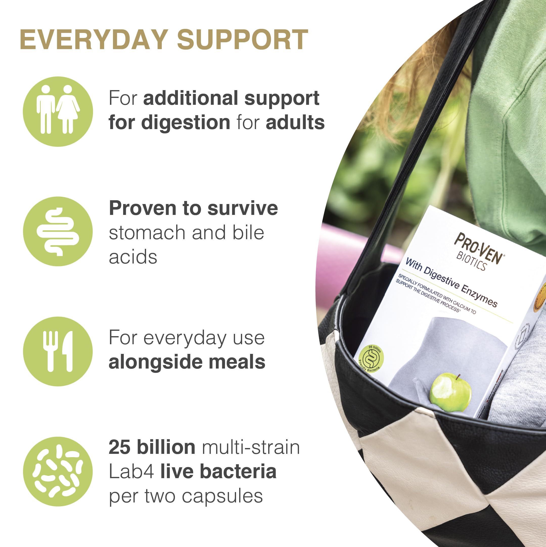 Pro-Ven Probiotics with Digestive Enzymes | Daily Gut Support 25 Billion Lab4 Friendly Bacteria | Calcium Aids Digestion for Adults | 30 Capsules - BBE 12/2027