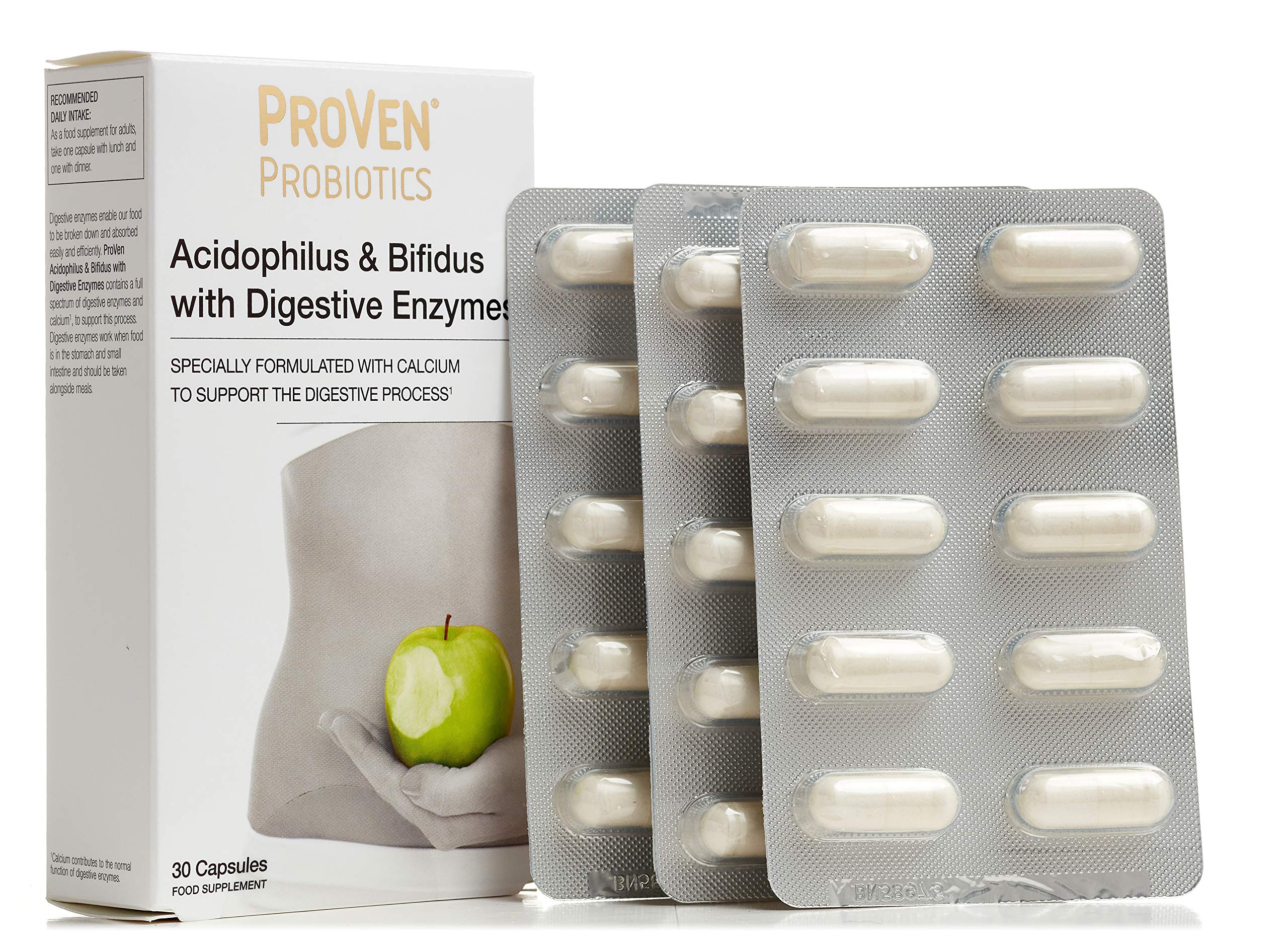 Pro-Ven Probiotics with Digestive Enzymes | Daily Gut Support 25 Billion Lab4 Friendly Bacteria | Calcium Aids Digestion for Adults | 30 Capsules - BBE 12/2027