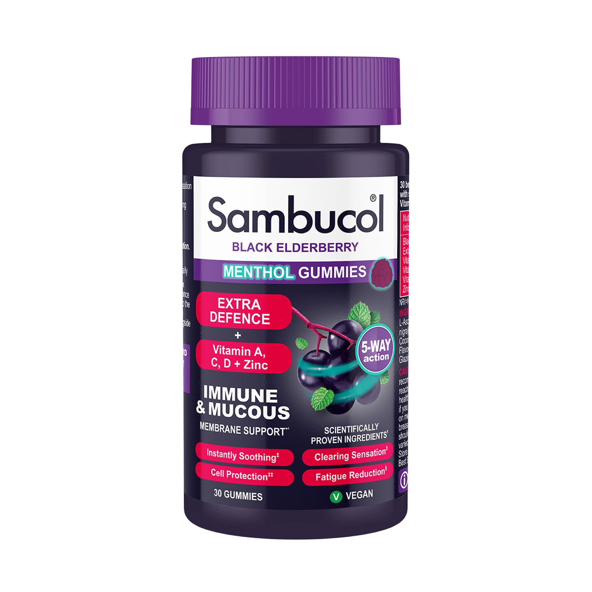 Sambucol Natural Black Elderberry Extra Defence Menthol Gummies |Vitamin A | Vitamin C | Vitamin D | Zinc |Advanced Immune Support Supplement| 30 Gummies - BBE 11/2026