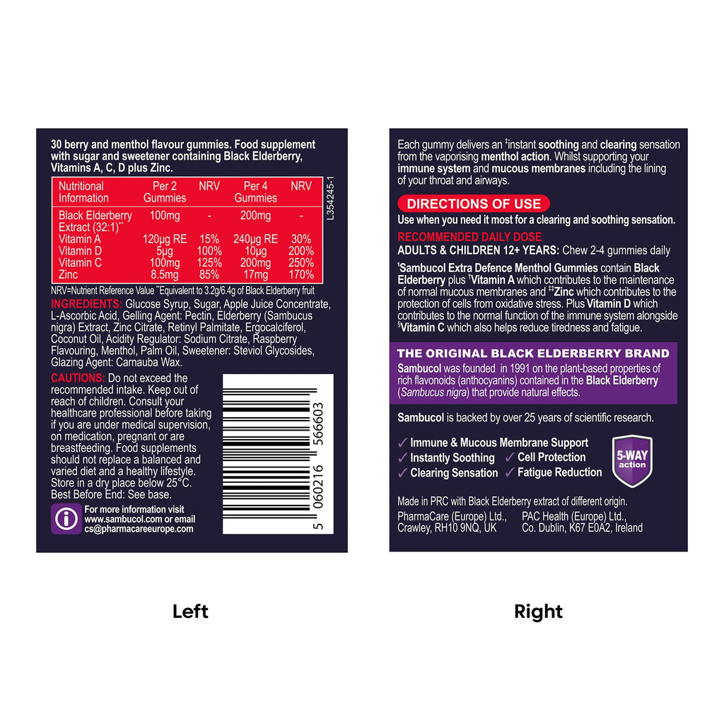 Sambucol Natural Black Elderberry Extra Defence Menthol Gummies |Vitamin A | Vitamin C | Vitamin D | Zinc |Advanced Immune Support Supplement| 30 Gummies - BBE 11/2026