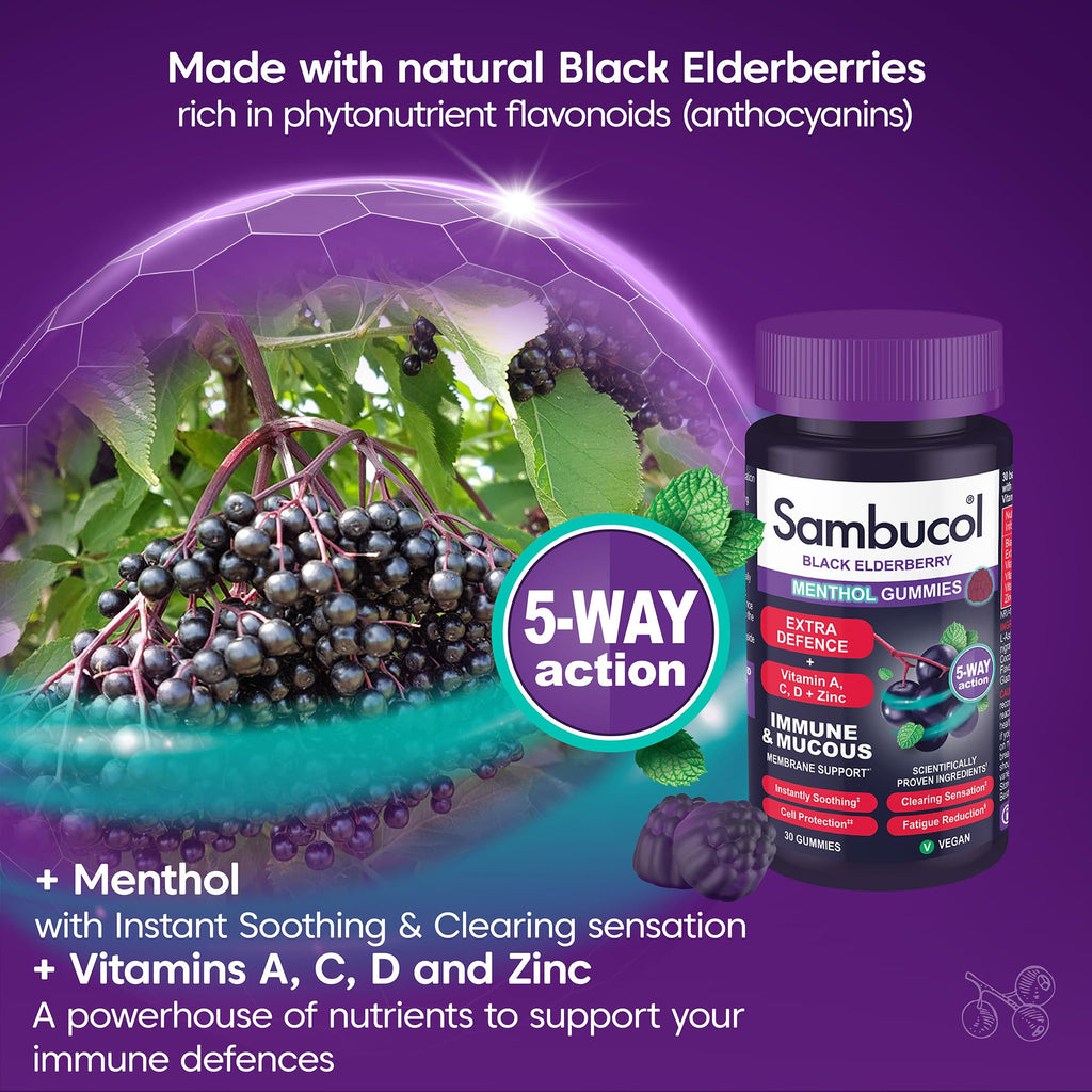 Sambucol Natural Black Elderberry Extra Defence Menthol Gummies |Vitamin A | Vitamin C | Vitamin D | Zinc |Advanced Immune Support Supplement| 30 Gummies - BBE 11/2026