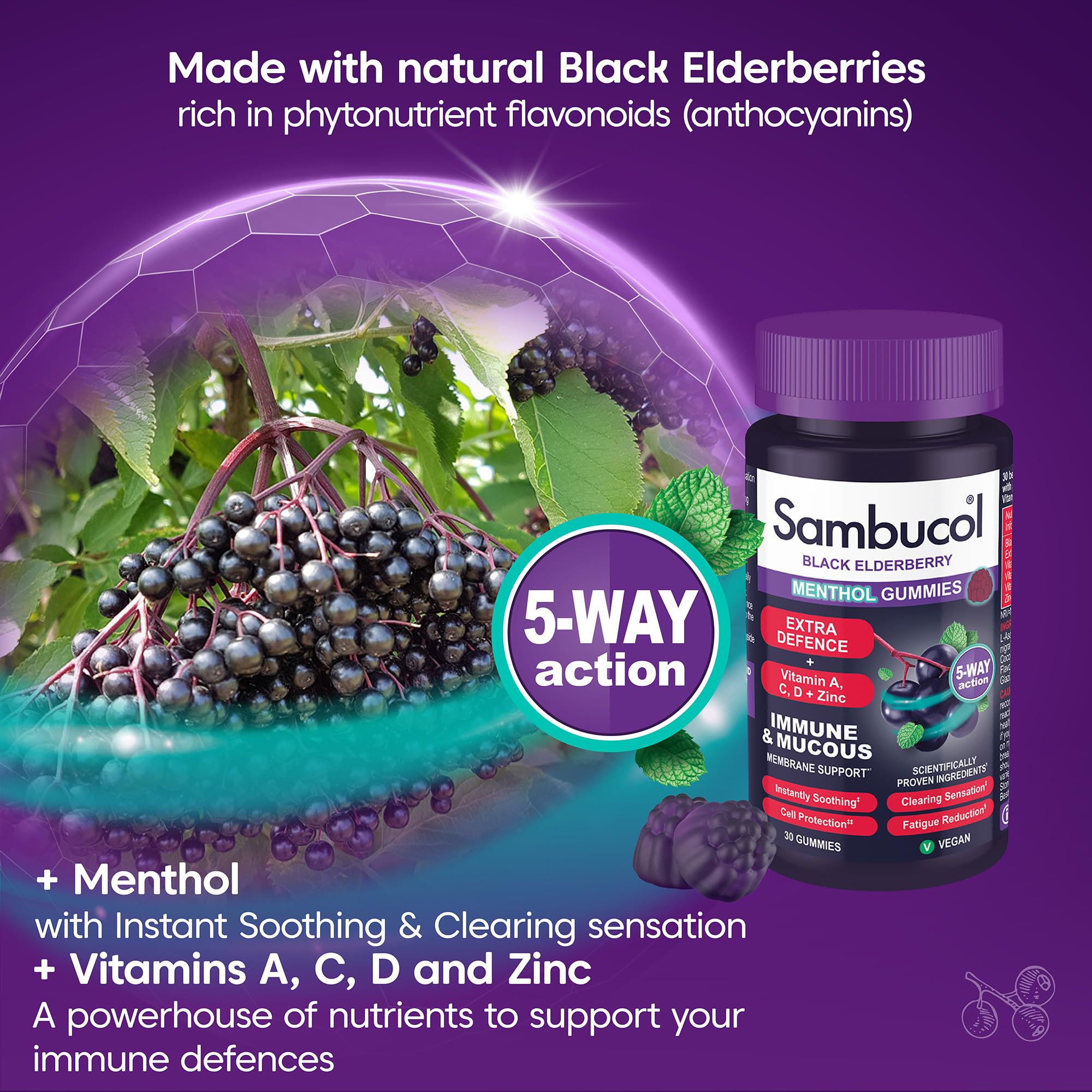 Sambucol Natural Black Elderberry Extra Defence Menthol Gummies |Vitamin A | Vitamin C | Vitamin D | Zinc |Advanced Immune Support Supplement| 30 Gummies - BBE 11/2026