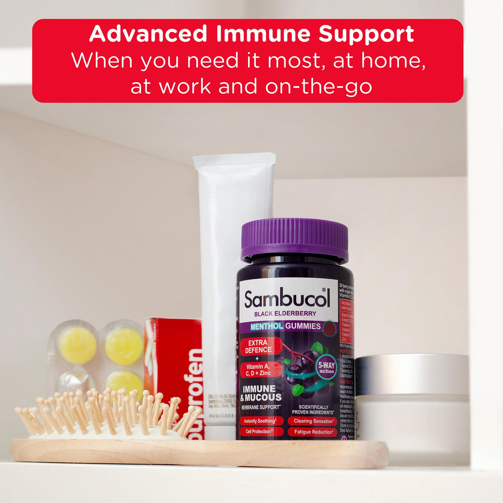 Sambucol Natural Black Elderberry Extra Defence Menthol Gummies |Vitamin A | Vitamin C | Vitamin D | Zinc |Advanced Immune Support Supplement| 30 Gummies - BBE 11/2026