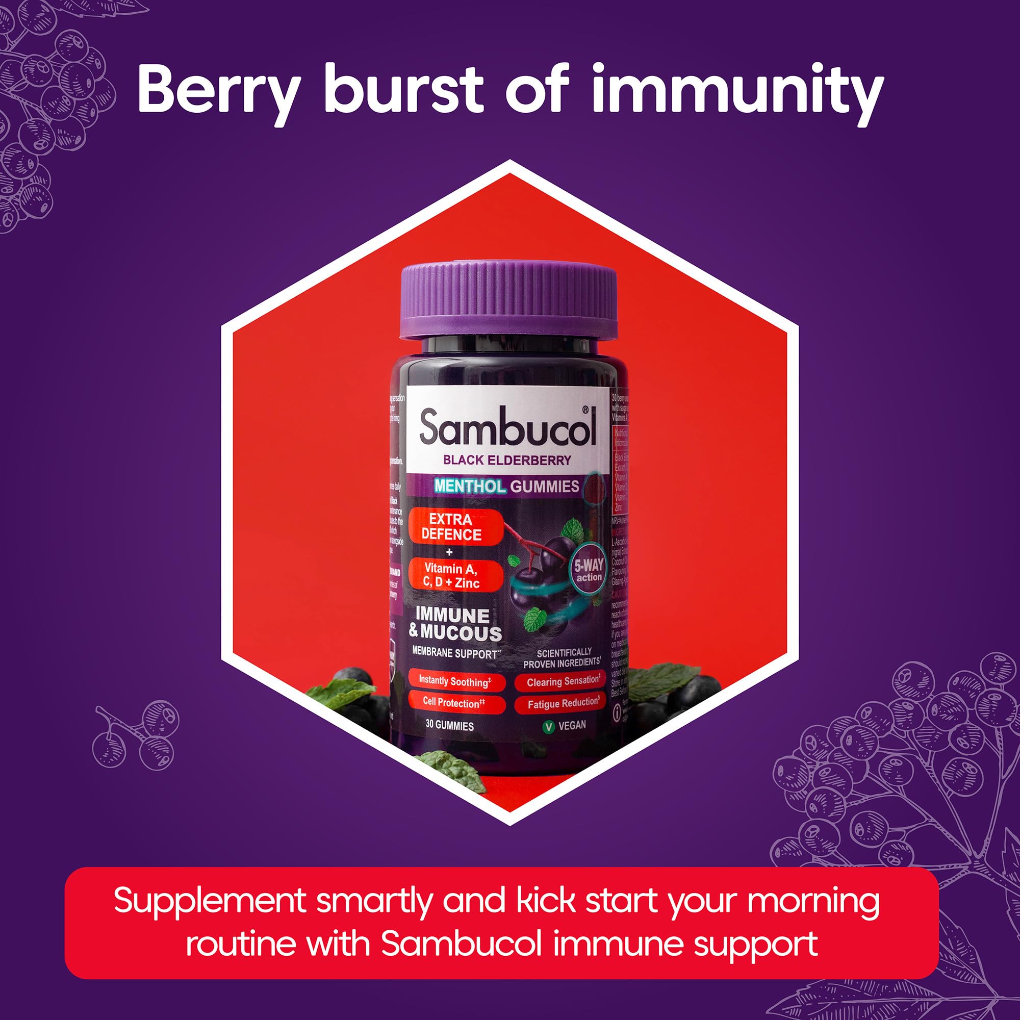 Sambucol Natural Black Elderberry Extra Defence Menthol Gummies |Vitamin A | Vitamin C | Vitamin D | Zinc |Advanced Immune Support Supplement| 30 Gummies - BBE 11/2026