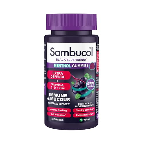 Sambucol Natural Black Elderberry Extra Defence Menthol Gummies |Vitamin A | Vitamin C | Vitamin D | Zinc |Advanced Immune Support Supplement| 30 Gummies - BBE 11/2026