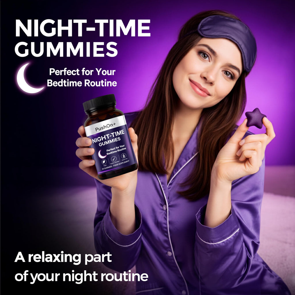 PushOn+ Night-Time Gummies | Food Supplement | Vegan & Gluten-Free | 30 Day Supply | Berry Flavoured | 60 Gummies | Bedtime Routine Supplement