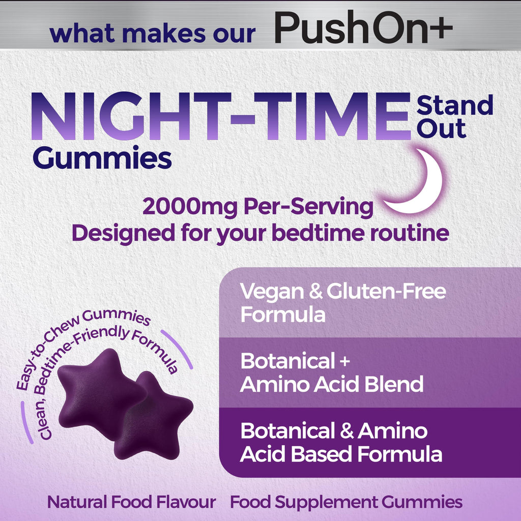 PushOn+ Night-Time Gummies | Food Supplement | Vegan & Gluten-Free | 30 Day Supply | Berry Flavoured | 60 Gummies | Bedtime Routine Supplement
