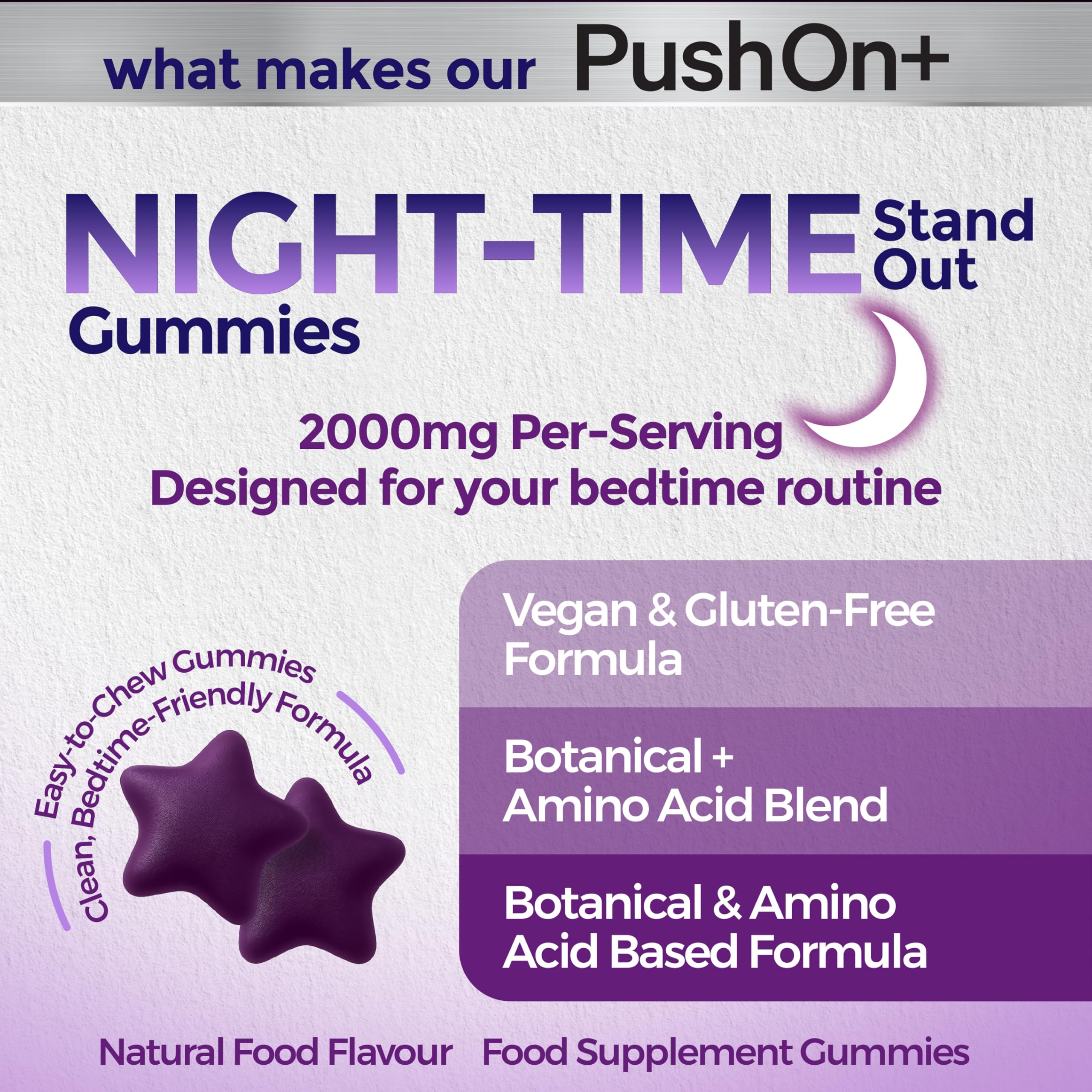 PushOn+ Night-Time Gummies | Food Supplement | Vegan & Gluten-Free | 30 Day Supply | Berry Flavoured | 60 Gummies | Bedtime Routine Supplement