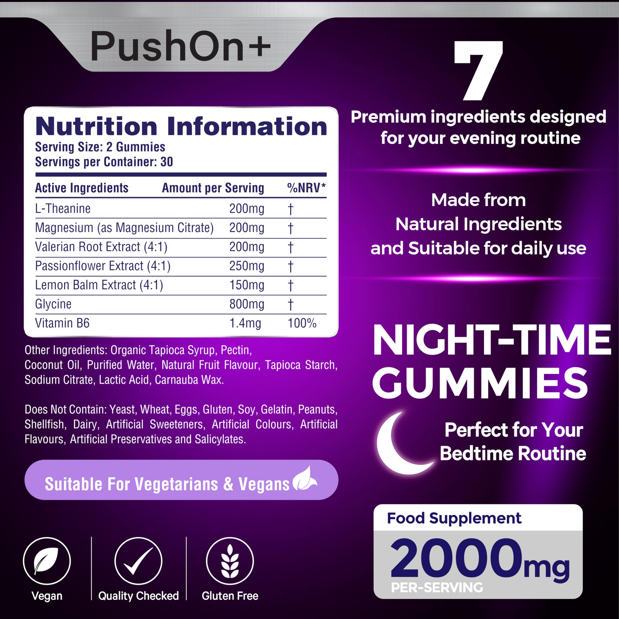 PushOn+ Night-Time Gummies | Food Supplement | Vegan & Gluten-Free | 30 Day Supply | Berry Flavoured | 60 Gummies | Bedtime Routine Supplement