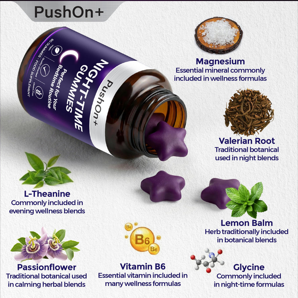 PushOn+ Night-Time Gummies | Food Supplement | Vegan & Gluten-Free | 30 Day Supply | Berry Flavoured | 60 Gummies | Bedtime Routine Supplement