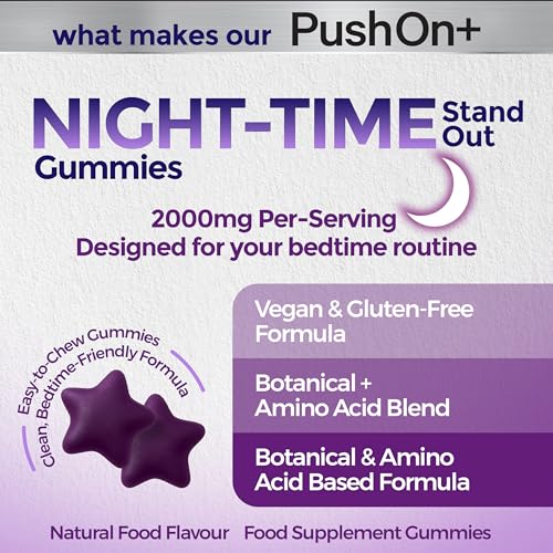 PushOn+ Night-Time Gummies | Food Supplement | Vegan & Gluten-Free | 30 Day Supply | Berry Flavoured | 60 Gummies | Bedtime Routine Supplement