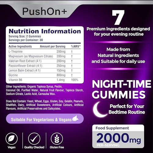 PushOn+ Night-Time Gummies | Food Supplement | Vegan & Gluten-Free | 30 Day Supply | Berry Flavoured | 60 Gummies | Bedtime Routine Supplement