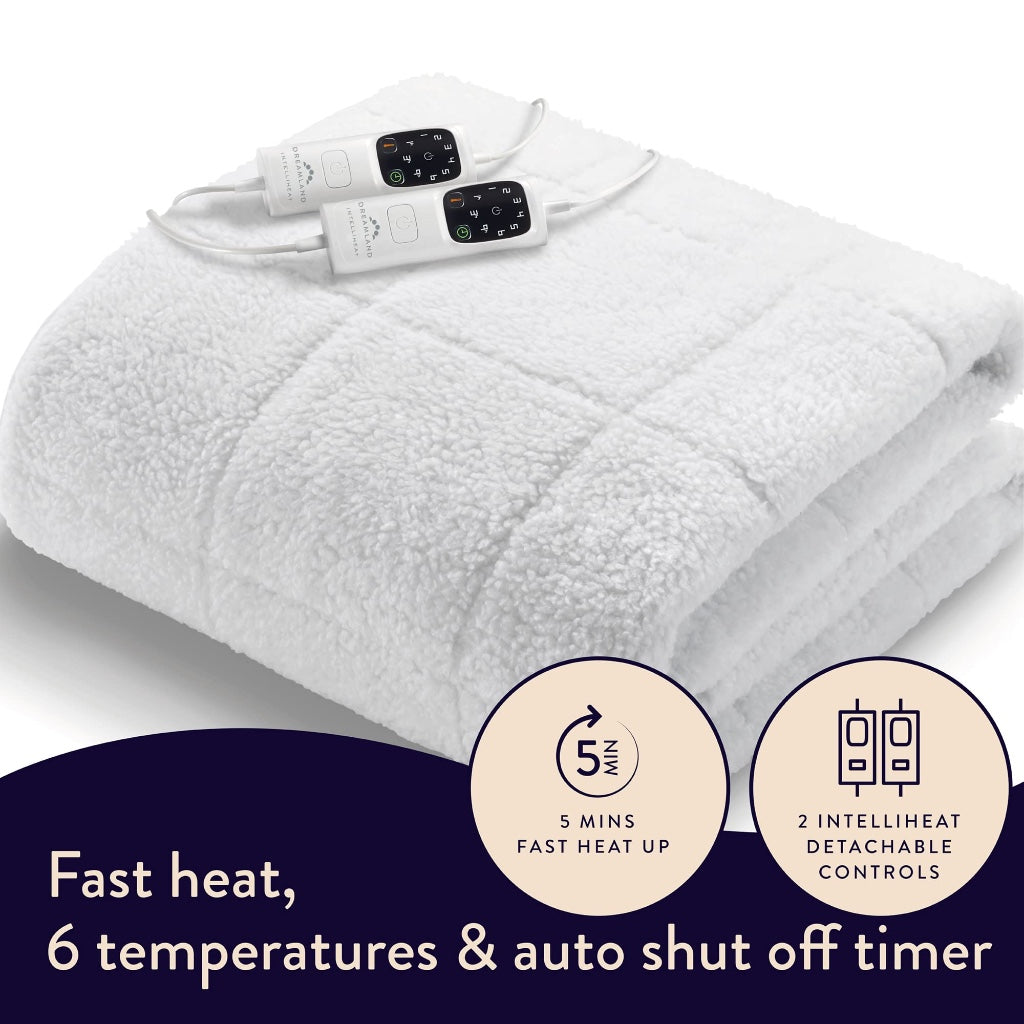Dreamland Hunker Down Electric Blanket, Super King Size, Scandi Sherpa, Fast Heat Up, Premium Heated Electric Fitted Underblanket, 6 Heat Settings, Easy Straps, Machine Washable, Timer, 200 x 180 cm - Like New