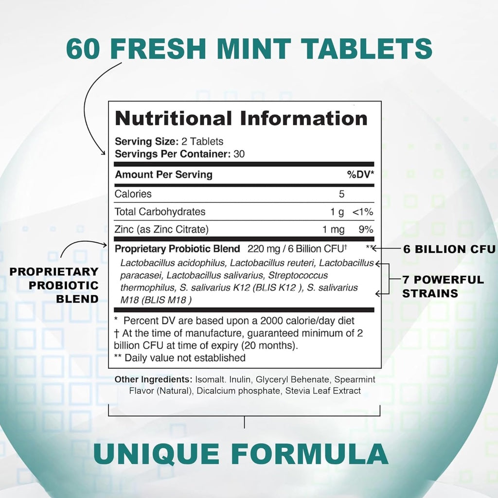 Dental Probiotics Advanced Oral Probiotics for Mouth Supplement - Bad Breath Treatment for Adults with BLIS K12 & BLIS M18-6 Billion CFU, Mint Flavour Chewable Oral Care Tablets - 60 Count - BBE 11/2027