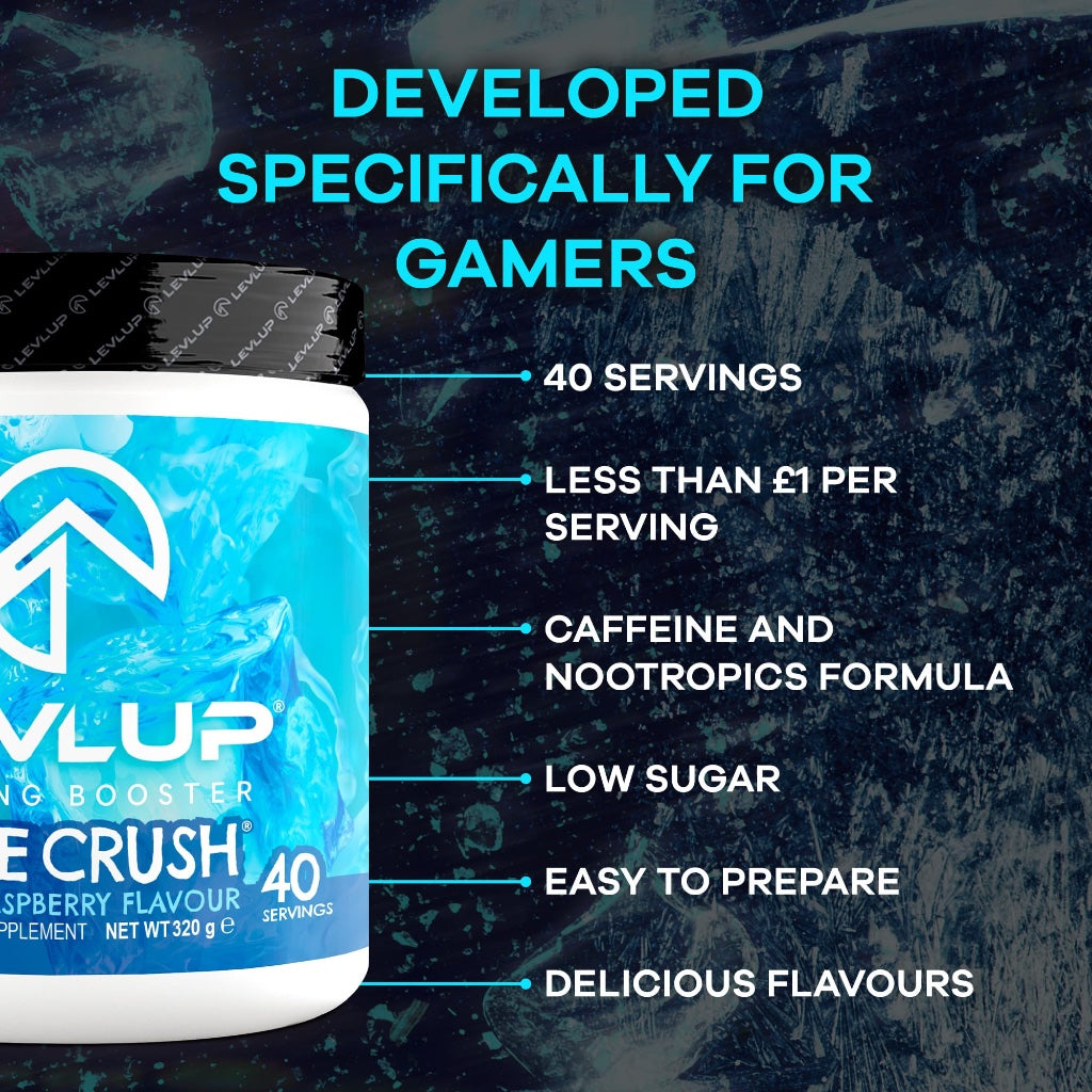 LevlUp Blue Crush Gaming Booster, Energy, Focus and Concentration Drink Powder for Gamers with Taurine, Caffeine, L-Tyrosine and Vitamin B12, Blue Raspberry Flavour, 320 g, 40 Servings - BBE 01/2026