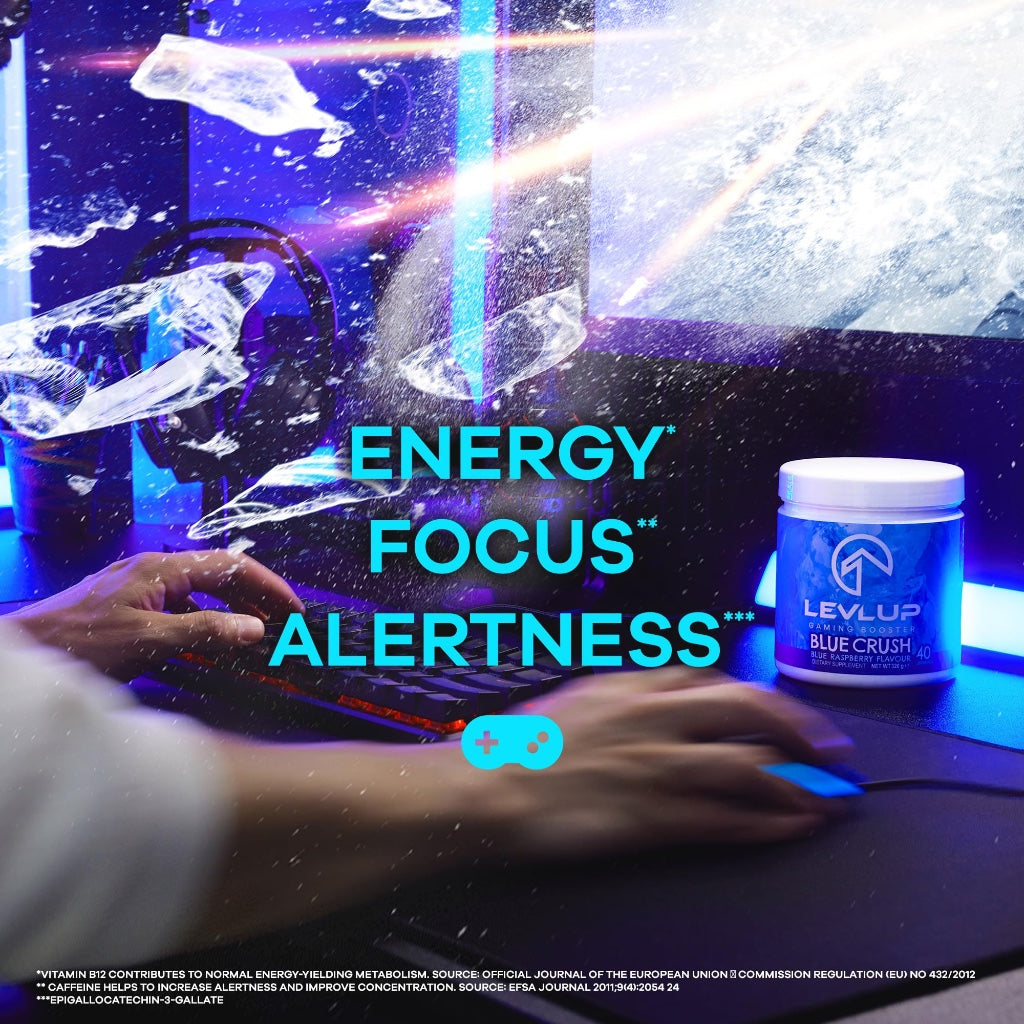 LevlUp Blue Crush Gaming Booster, Energy, Focus and Concentration Drink Powder for Gamers with Taurine, Caffeine, L-Tyrosine and Vitamin B12, Blue Raspberry Flavour, 320 g, 40 Servings - BBE 01/2026
