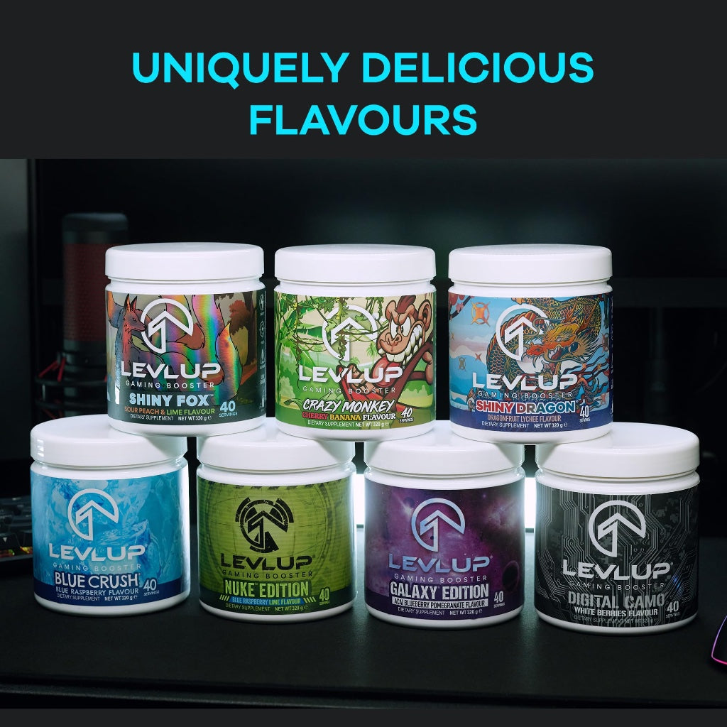 LevlUp Blue Crush Gaming Booster, Energy, Focus and Concentration Drink Powder for Gamers with Taurine, Caffeine, L-Tyrosine and Vitamin B12, Blue Raspberry Flavour, 320 g, 40 Servings - BBE 01/2026
