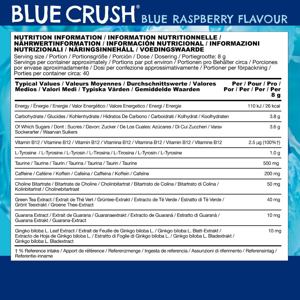 LevlUp Blue Crush Gaming Booster, Energy, Focus and Concentration Drink Powder for Gamers with Taurine, Caffeine, L-Tyrosine and Vitamin B12, Blue Raspberry Flavour, 320 g, 40 Servings - BBE 01/2026