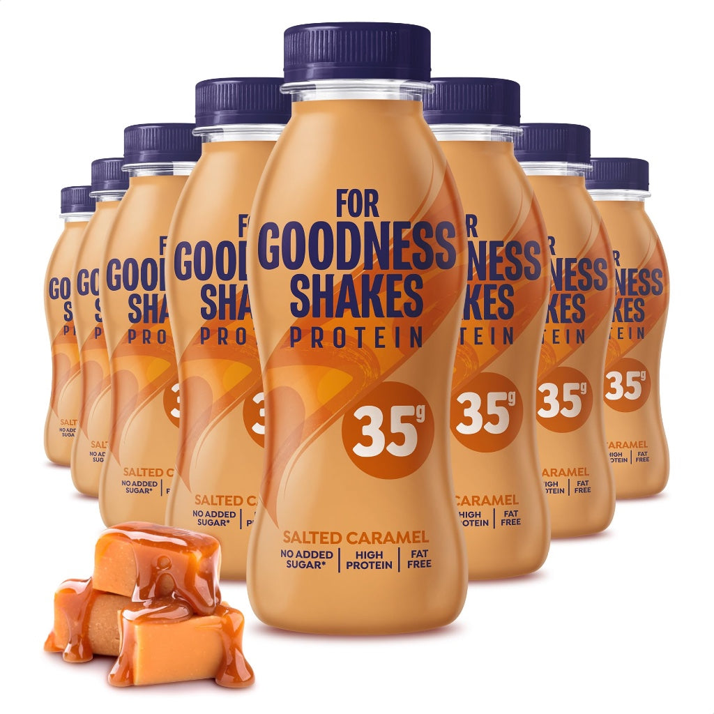 For Goodness Shakes Salted Caramel Protein Shakes, 35g Protein, High Protein, Fat-Free, Ready-To-Drink, No Added Sugar, Gluten-Free, Pre & Post Workout, 8 x 330ml - BBE 07/2026