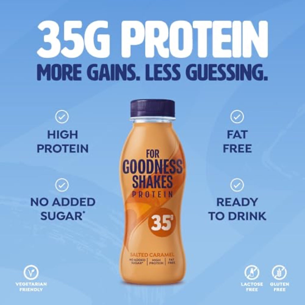 For Goodness Shakes Salted Caramel Protein Shakes, 35g Protein, High Protein, Fat-Free, Ready-To-Drink, No Added Sugar, Gluten-Free, Pre & Post Workout, 8 x 330ml - BBE 07/2026