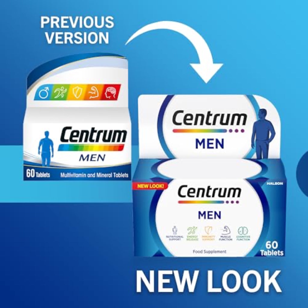 Centrum Men Multivitamin and Mineral Tablets 60 Count - Vitamin D C and Magnesium Supplements for Mens Health and Wellbeing - Damaged Box - BBE 03/2028