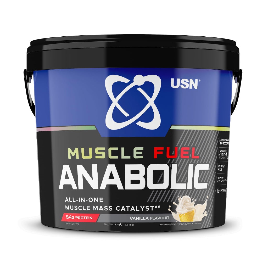 USN Muscle Fuel Anabolic All-In-One Muscle Mass Gainer, Vanilla Flavour - 4kg, 54g Protein Powder, 5g Creatine Powder & 5g BCAA Powder For Maximum Muscle Growth, Post Workout Recovery Drink Mix - BBE 01/2028