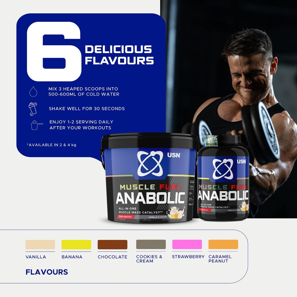 USN Muscle Fuel Anabolic All-In-One Muscle Mass Gainer, Vanilla Flavour - 4kg, 54g Protein Powder, 5g Creatine Powder & 5g BCAA Powder For Maximum Muscle Growth, Post Workout Recovery Drink Mix - BBE 01/2028