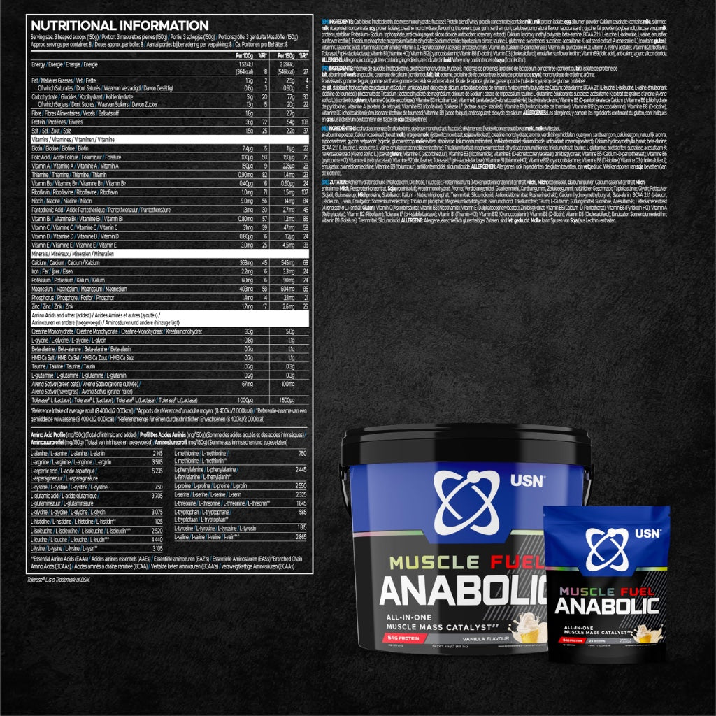 USN Muscle Fuel Anabolic All-In-One Muscle Mass Gainer, Vanilla Flavour - 4kg, 54g Protein Powder, 5g Creatine Powder & 5g BCAA Powder For Maximum Muscle Growth, Post Workout Recovery Drink Mix - BBE 01/2028