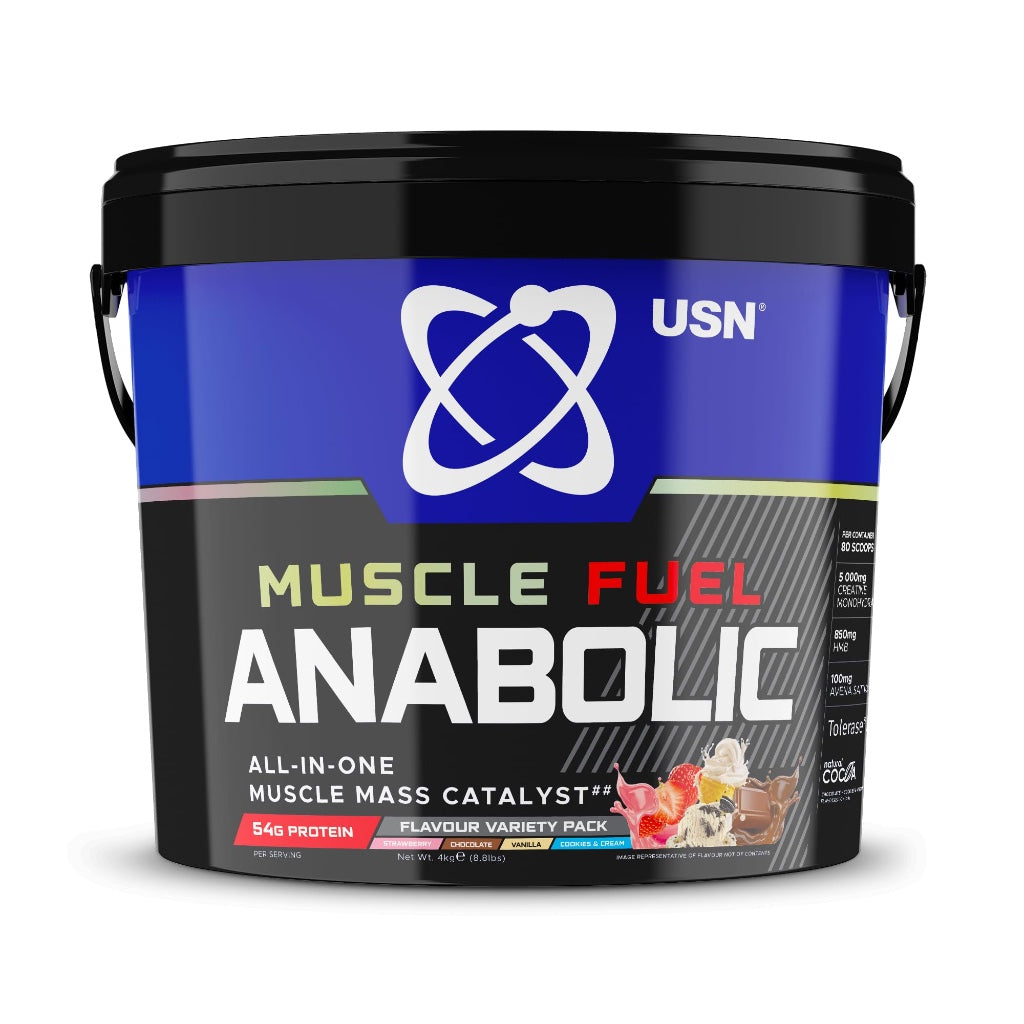 USN Muscle Fuel Anabolic All-In-One Muscle Mass Gainer, Vanilla Flavour - 4kg, 54g Protein Powder, 5g Creatine Powder & 5g BCAA Powder For Maximum Muscle Growth, Post Workout Recovery Drink Mix - BBE 01/2028