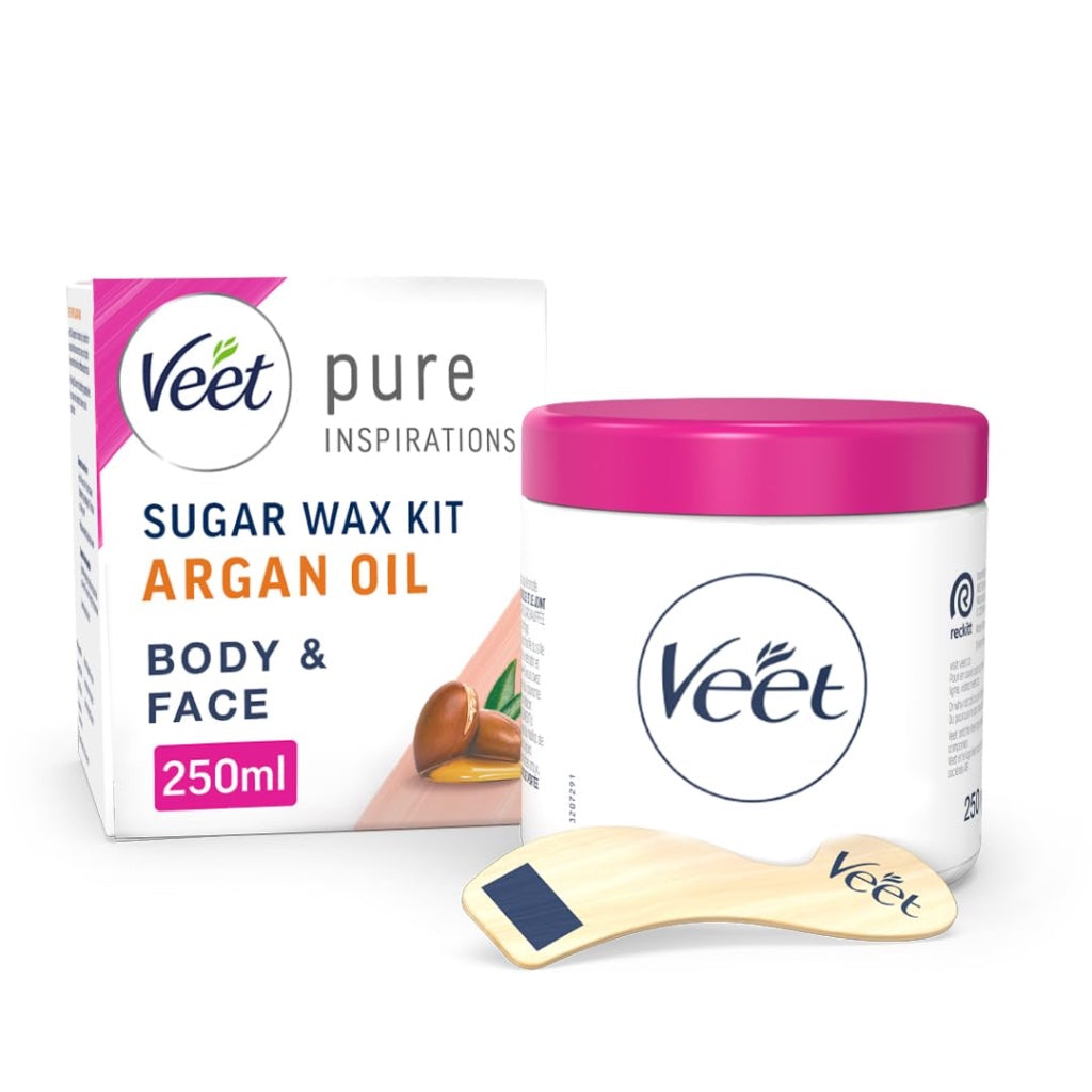 Veet Argan Oil Hot Wax Kit 250 ml - Sugar Hair Removal, Warm Facial Remover with Strips, Dermatologist-Tested Solution for Smooth Skin - Damaged Box