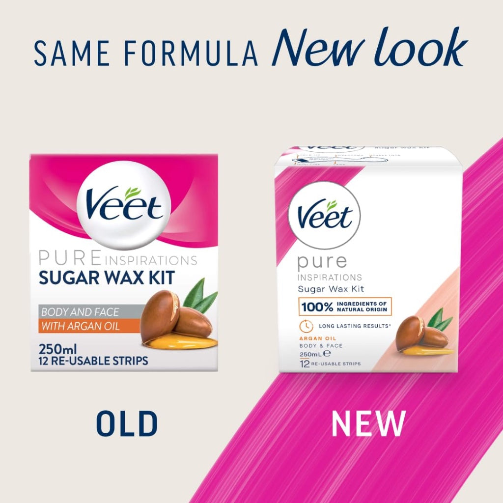 Veet Argan Oil Hot Wax Kit 250 ml - Sugar Hair Removal, Warm Facial Remover with Strips, Dermatologist-Tested Solution for Smooth Skin - Damaged Box