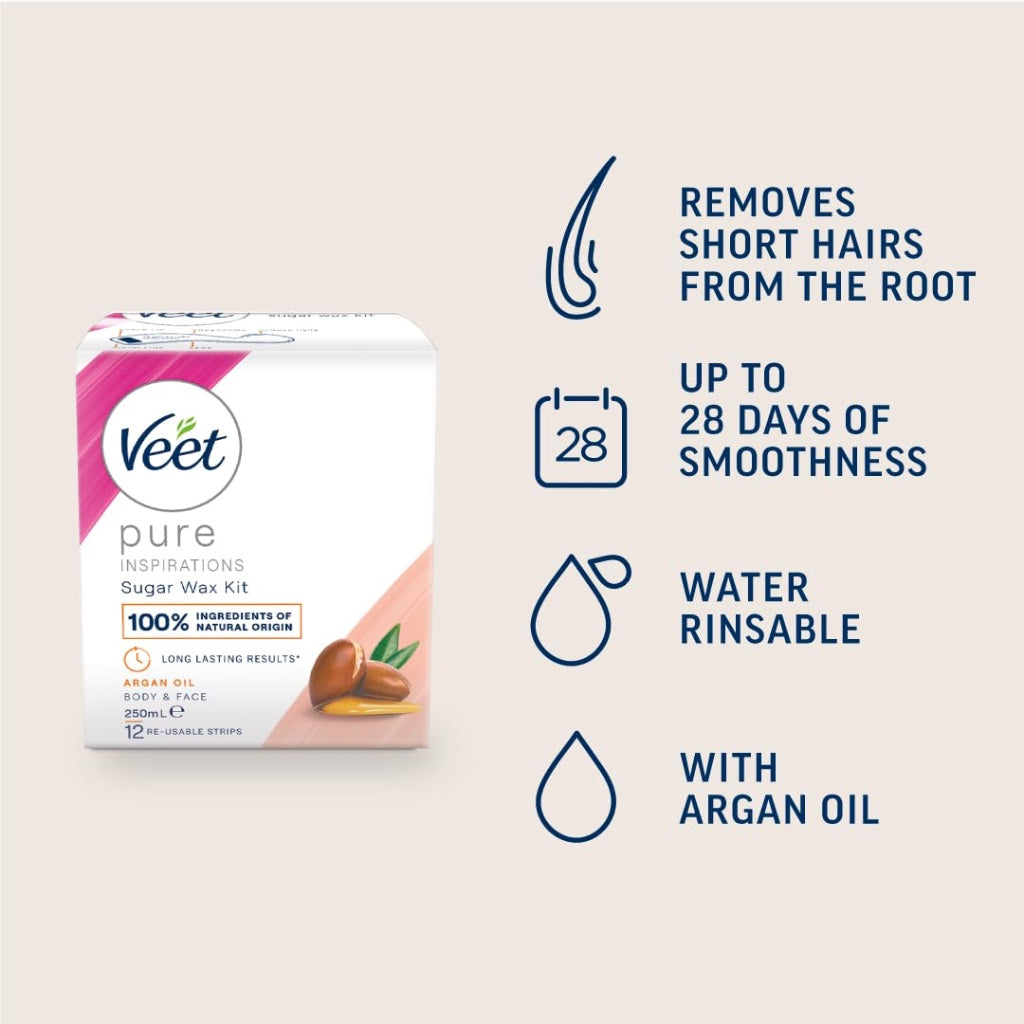 Veet Argan Oil Hot Wax Kit 250 ml - Sugar Hair Removal, Warm Facial Remover with Strips, Dermatologist-Tested Solution for Smooth Skin - Damaged Box
