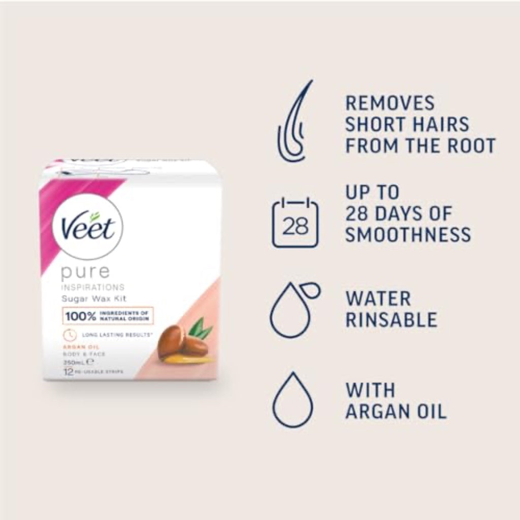 Veet Argan Oil Hot Wax Kit 250 ml - Sugar Hair Removal, Warm Facial Remover with Strips, Dermatologist-Tested Solution for Smooth Skin - Damaged Box