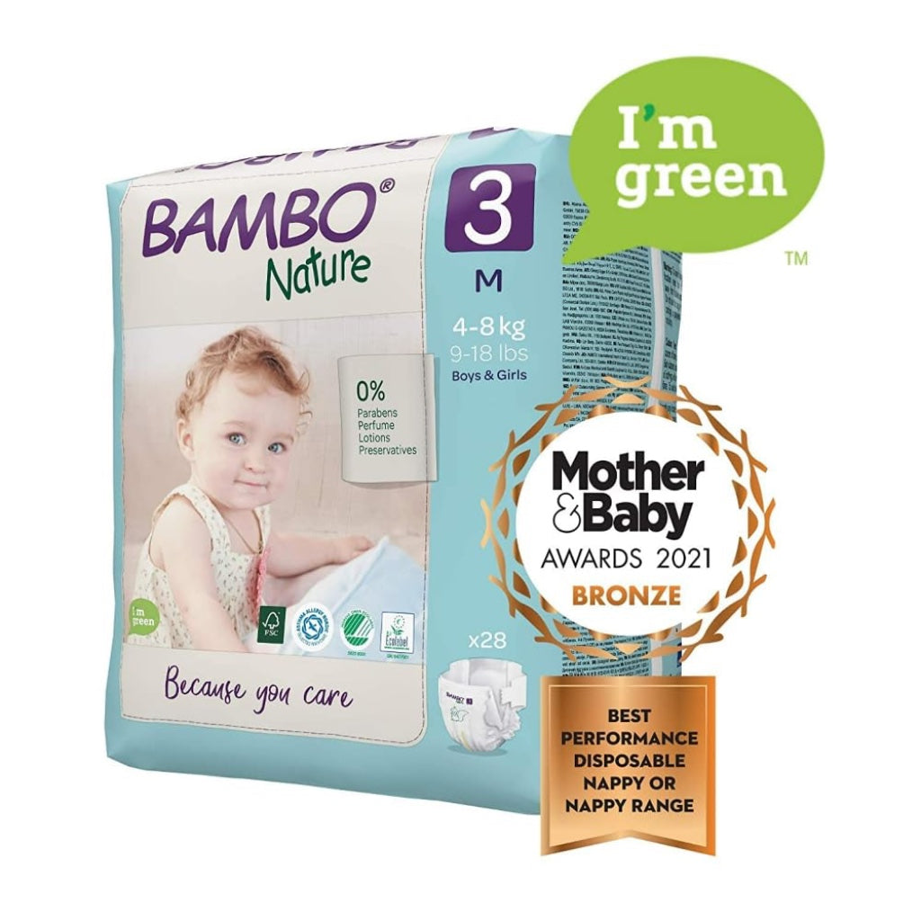 Bambo Nature Size 3 Premium Eco Nappies 4-8kg 9-18lb Pack of 6 x 28 Disposable Baby Diapers Dermatologically Tested Skin Friendly Sensitive Care