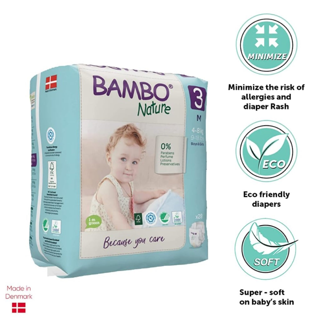 Bambo Nature Size 3 Premium Eco Nappies 4-8kg 9-18lb Pack of 6 x 28 Disposable Baby Diapers Dermatologically Tested Skin Friendly Sensitive Care