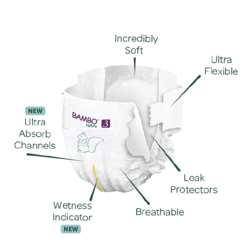 Bambo Nature Size 3 Premium Eco Nappies 4-8kg 9-18lb Pack of 6 x 28 Disposable Baby Diapers Dermatologically Tested Skin Friendly Sensitive Care