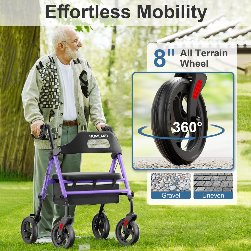 Homland Foldable Rollator Walker with Seat for Seniors Lightweight 4 Wheel Mobility Aid with 8 Inch Wheels and Adjustable Height 350lb Limit - Damaged Box