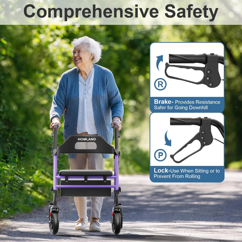 Homland Foldable Rollator Walker with Seat for Seniors Lightweight 4 Wheel Mobility Aid with 8 Inch Wheels and Adjustable Height 350lb Limit - Damaged Box