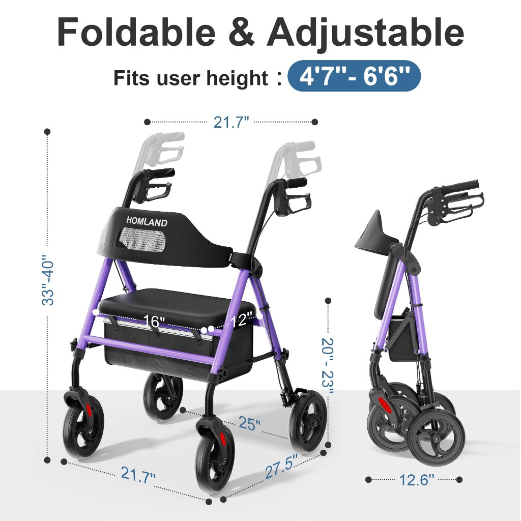 Homland Foldable Rollator Walker with Seat for Seniors Lightweight 4 Wheel Mobility Aid with 8 Inch Wheels and Adjustable Height 350lb Limit - Damaged Box