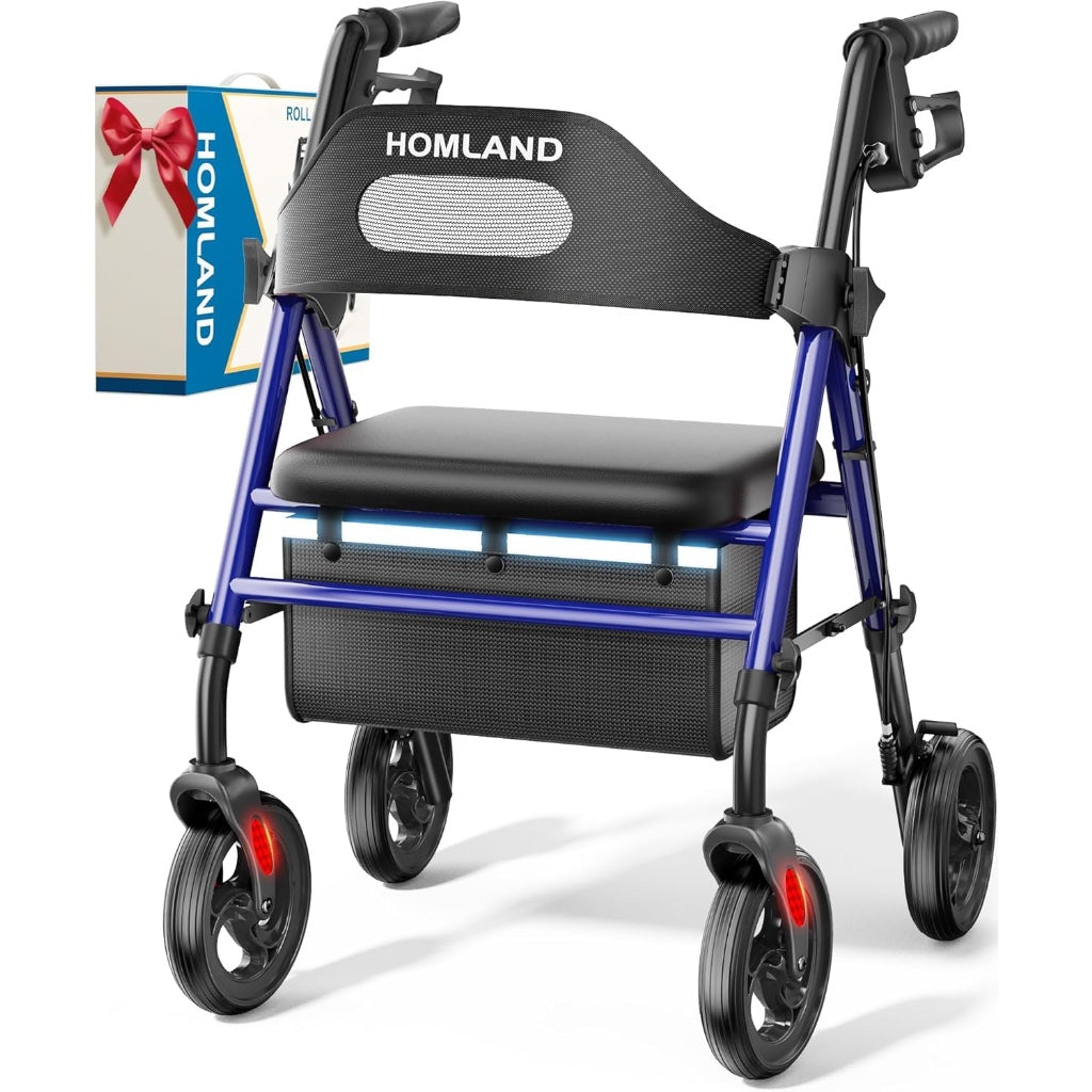 Homland Foldable Rollator Walker with Seat for Seniors Lightweight 4 Wheel Mobility Aid with 8 Inch Wheels and Adjustable Height 350lb Limit - Damaged Box