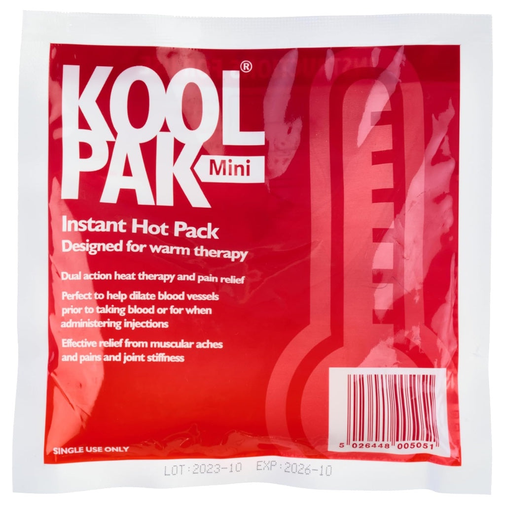 Koolpak Instant Hot Pack Mini 15 x 15cm Pack of 60 Disposable Heat Pads for Pain Relief First Aid Injury Treatment and Muscle Soothing - Damaged Box